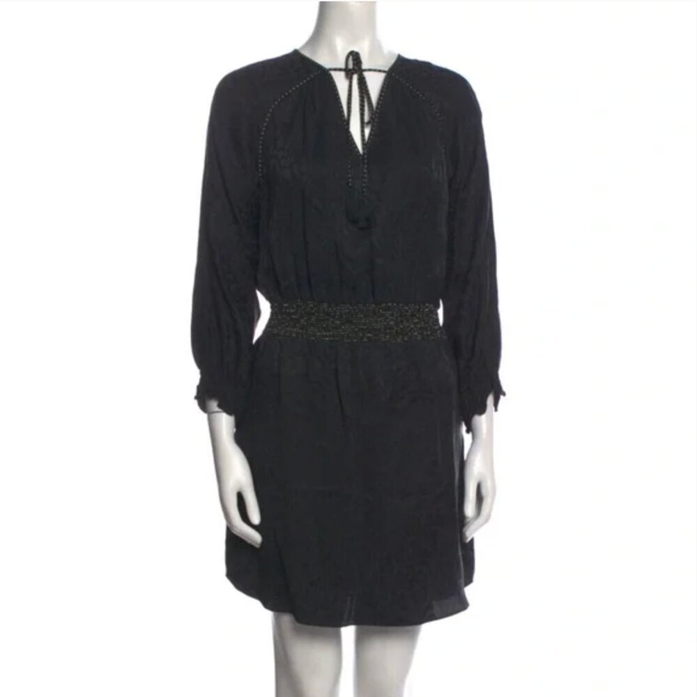 Rebecca Taylor Mini Leopard Print Dress Womens 6 Black V-Neck Long Sleeves Silk